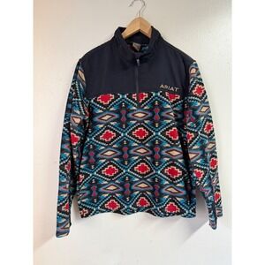 Ariat Aztec Tribal Print 1/4 Zip Fleece Pullover Sweater Black Red Blue Men's M